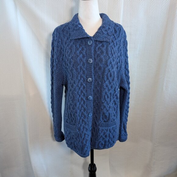 Aran Crafts Irish Merino Wool Cardigan Blue Cable Knit Coastal Fisherman Large - Picture 1 of 12